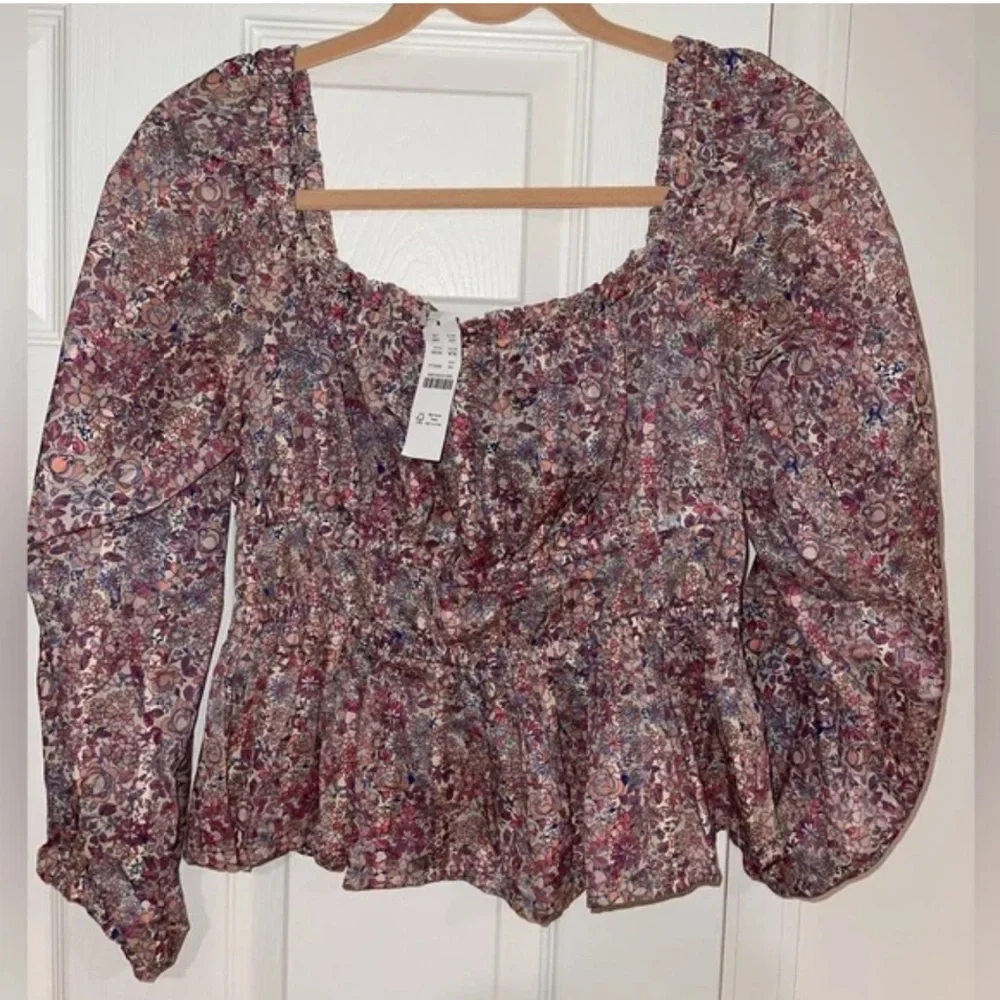 NEW J.Crew x Liberty Cotton Micro Floral Cinch Waist Puff Sleeve Crop Top, L